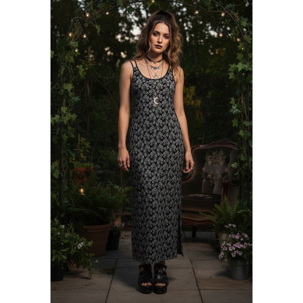 Zenobia Maxi Dress 12 Black Silver Floral Metallic Lace 90s Grunge Goth VTG